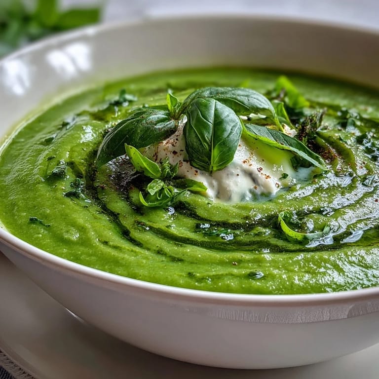 A steaming bowl of homemade courgette pea and pesto soup, garnished with a vibrant green swirl of basil pesto.  