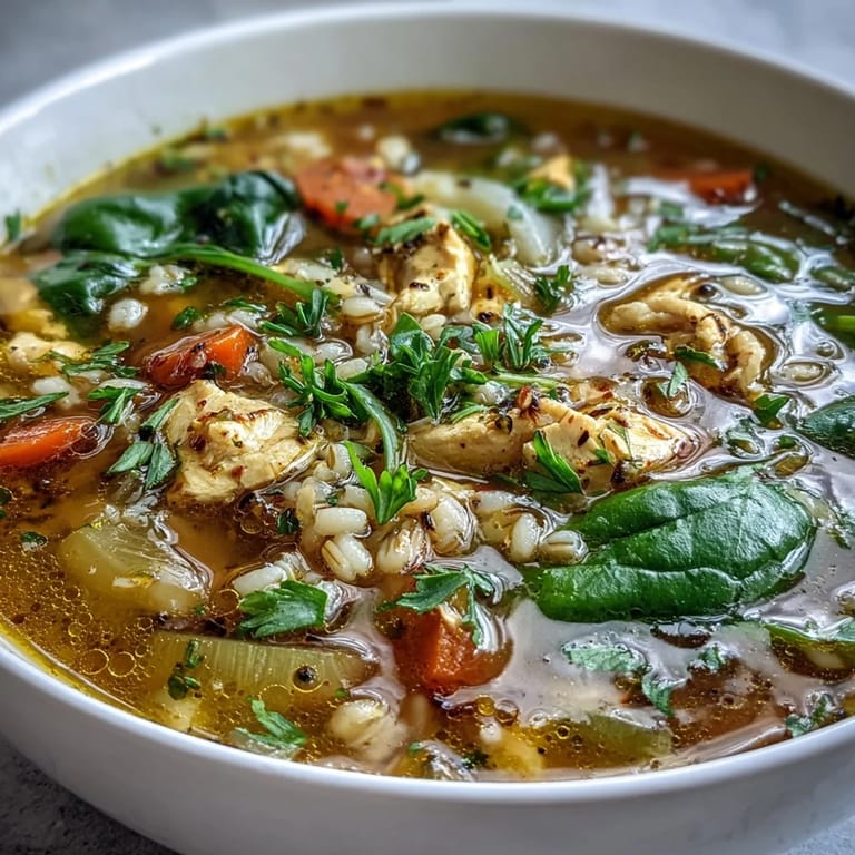 A ladle pours Turmeric Chicken With Pearl Barley soup from a pot, highlighting tender chicken and veggies.