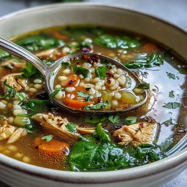 Comforting Turmeric Chicken With Pearl Barley is served in a cozy bowl with spinach and lemon.  