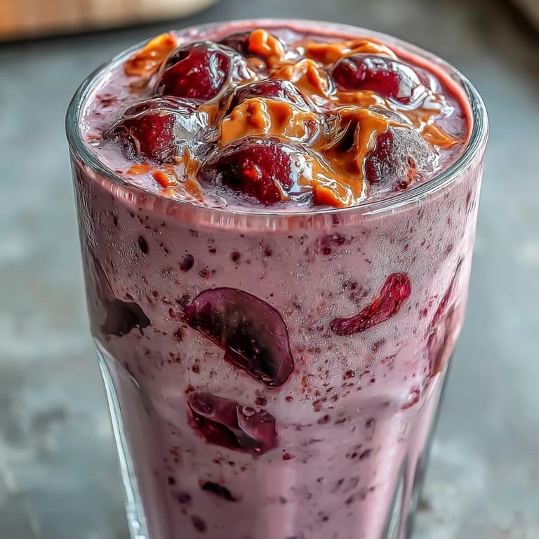 Cold and creamy Cherry Almond Smoothie in a rustic glass, speckled with dark cherry pieces, suggesting a rich almond butter flavor and sweet banana finish.
