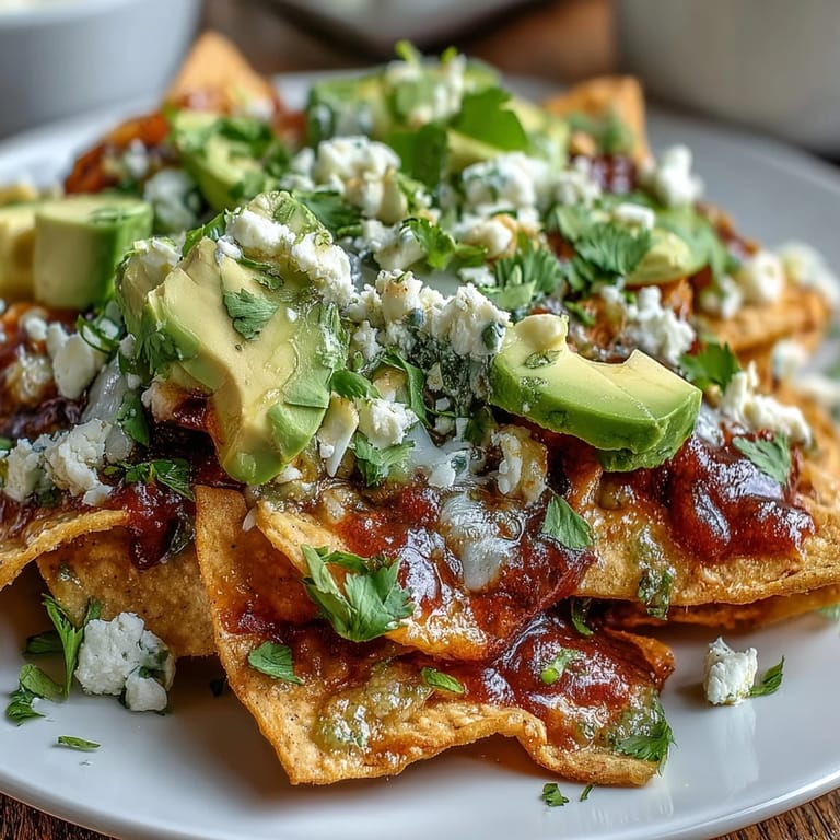 Spicy chilaquiles breakfast skillet with crunchy tortilla triangles in red salsa, a sunny-side-up egg, and sour cream drizzle.  