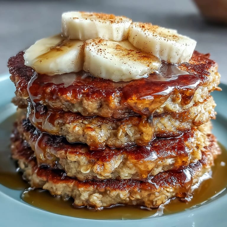 Homemade Banana Oat Pancakes cooking in a skillet, showing bubbly edges and a golden-brown finish.