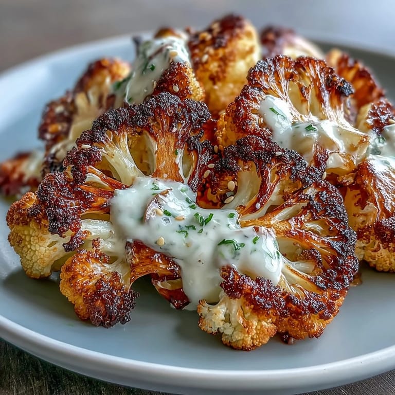 A close-up of the roasted cauliflower with lemon lentil cumin tahini yogurt dish, highlighting its golden edges and creamy drizzle.