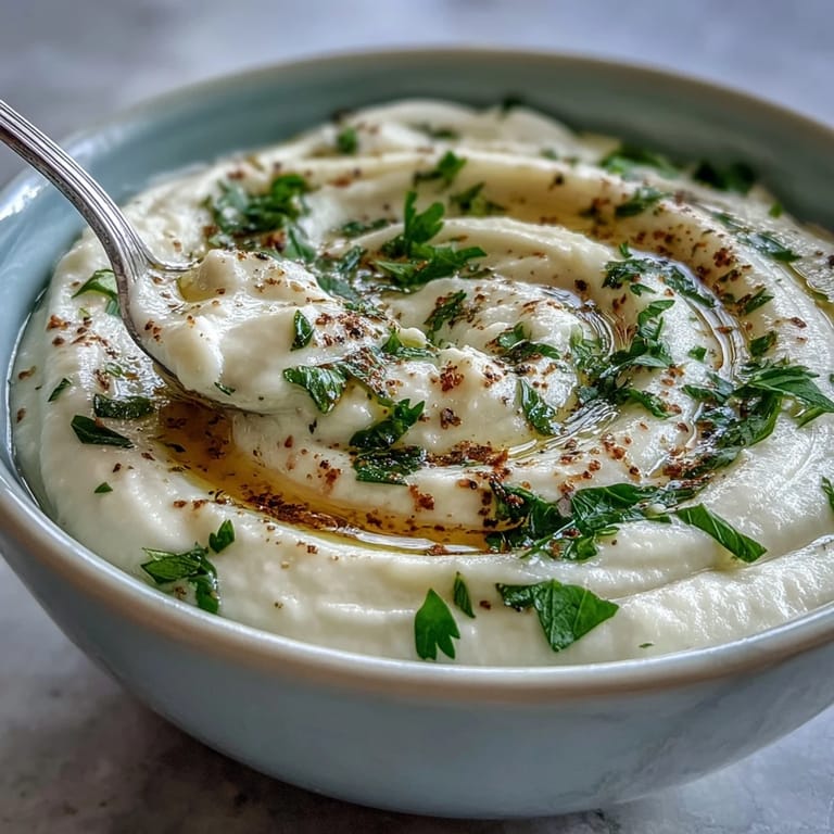 A bowl of homemade Roasted Garlic Soup garnished with olive oil drizzle and parsley.