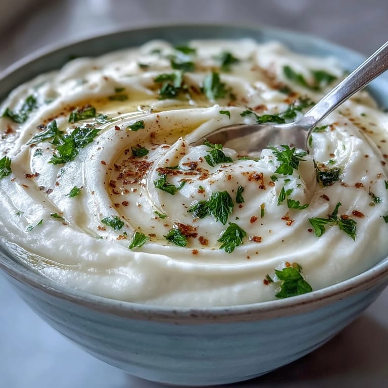 Smooth Roasted Garlic Soup served with a slice of toasted bread on the side.