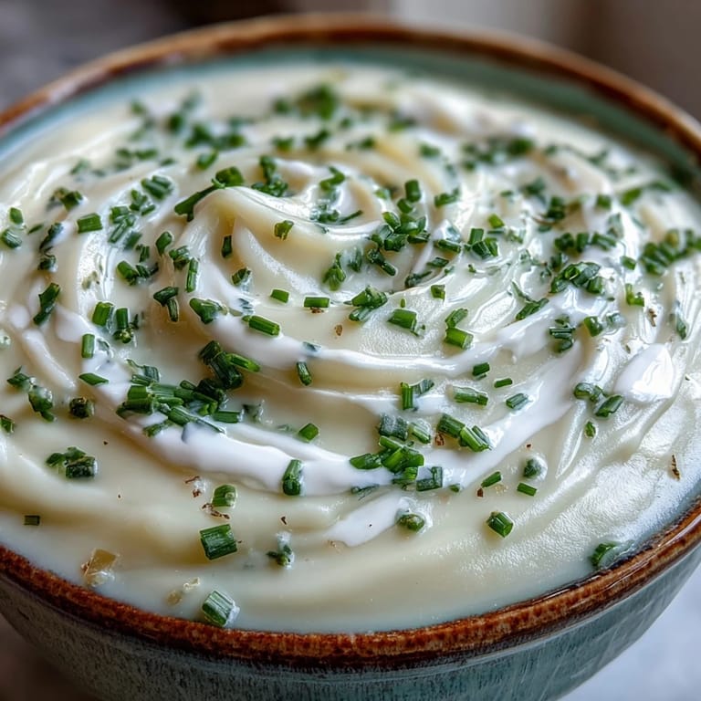 Close-up of smooth Creamy Celery Root Bisque topped with parsley, showing its rich, pale texture.