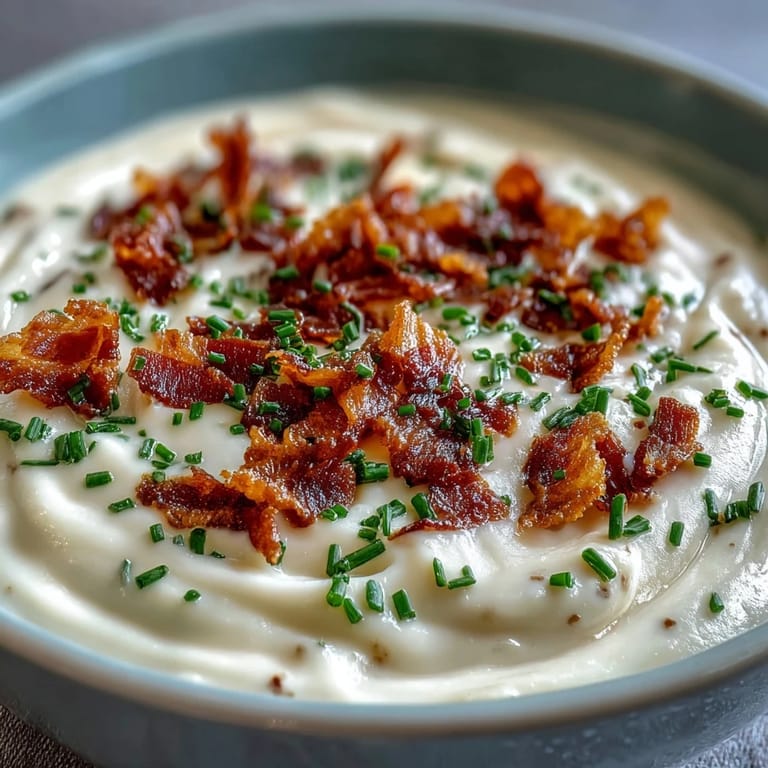 A spoon dips into velvety Creamy Celeriac Soup with Crispy Bacon, revealing a smooth, pale texture and steam rising from the bowl.