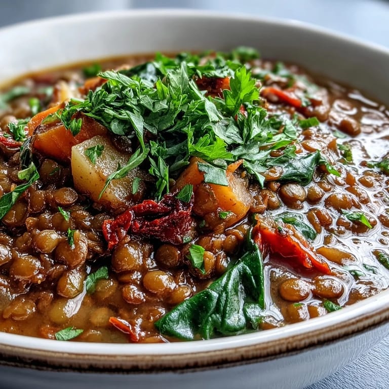 Warm bowl of Vegetarian Lentil Stew topped with fresh parsley and a lemon wedge, ideal for dinner.