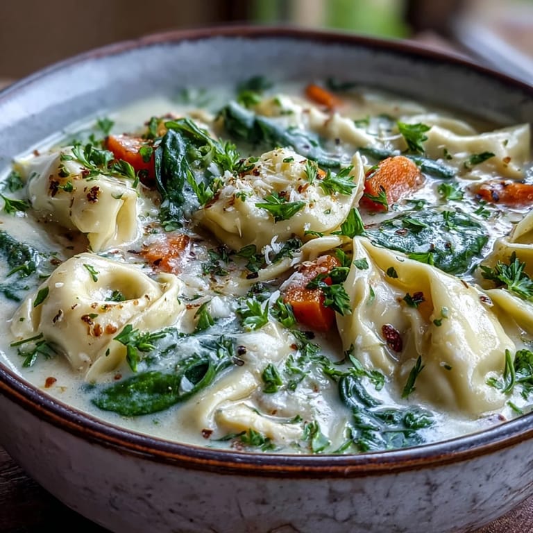 A ladle of Easy Tortellini Soup With Chicken Broth next to crusty bread and fresh parsley garnish.