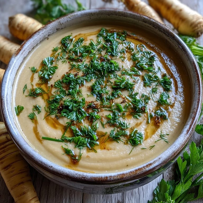 A bowl of golden parsnip and herb soup garnished with fresh chives and parsley for a vibrant touch.