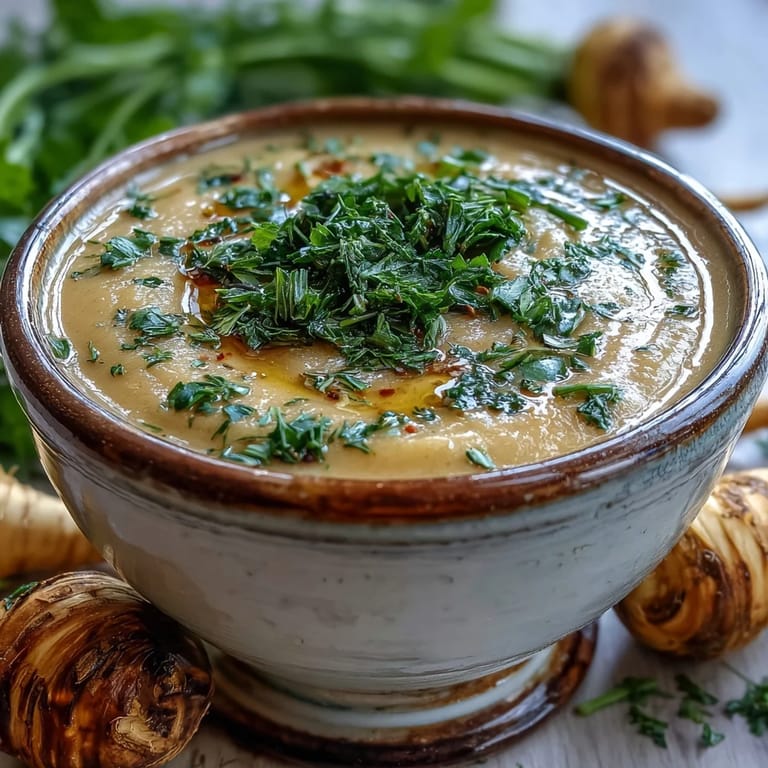 Roasted parsnip and herb soup blended until silky smooth, ready to enjoy with crusty gluten-free bread.