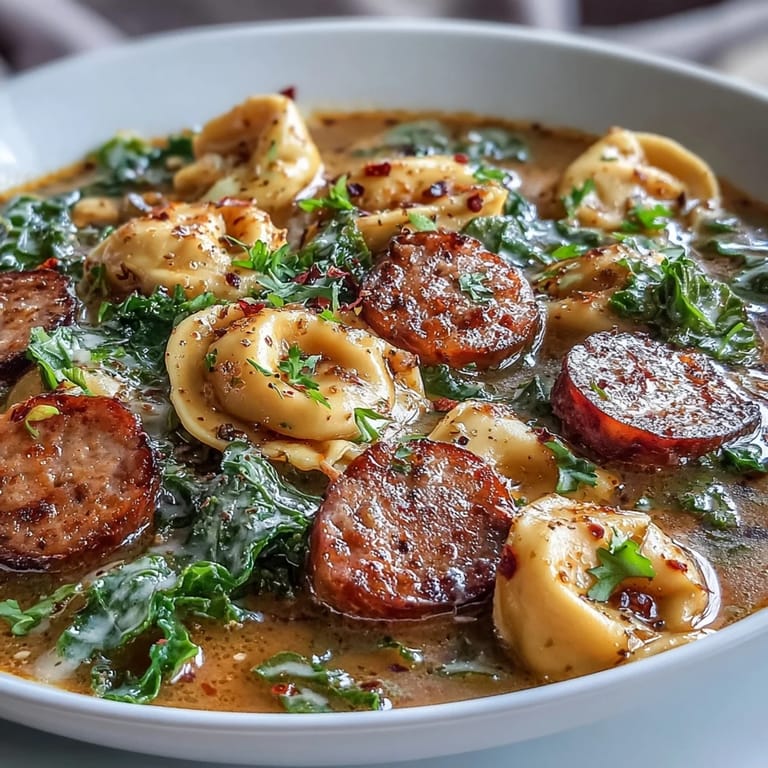 A hearty bowl of Pumpkin Tortellini Soup with Chicken Sausage and Kale, featuring colorful kale leaves and golden-brown sausage slices.