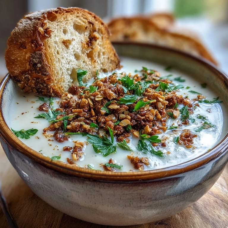 Silky smooth celeriac soup topped with crunchy toasted hazelnut crumble and parsley garnish.