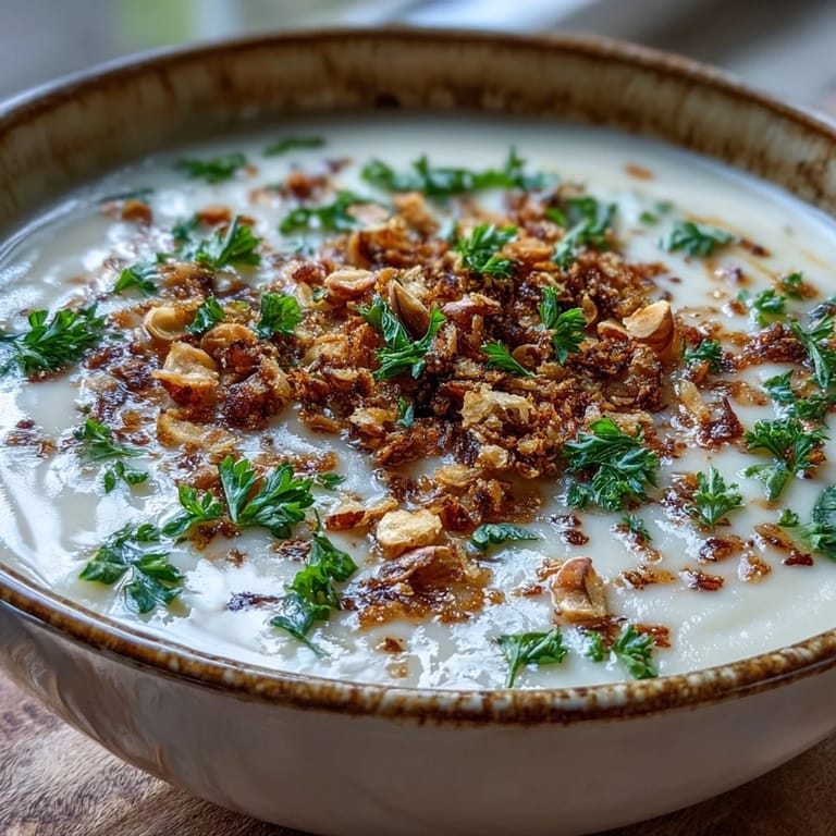 Hearty vegetarian celeriac soup with hazelnut crumble and a swirl of cream for richness.