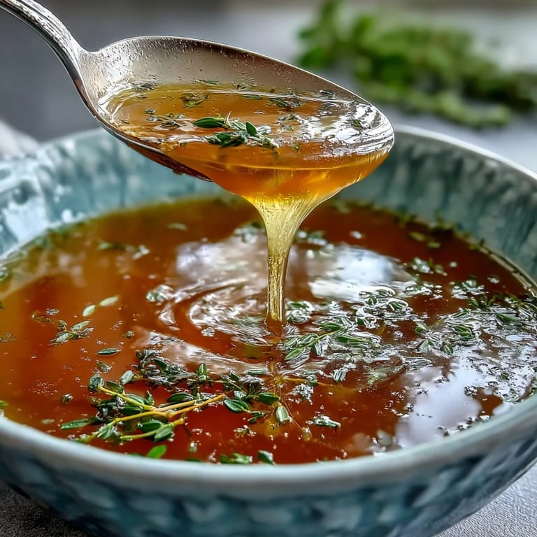 Homemade Vegetable Broth From Scraps being strained through a fine-mesh sieve into a glass bowl. 