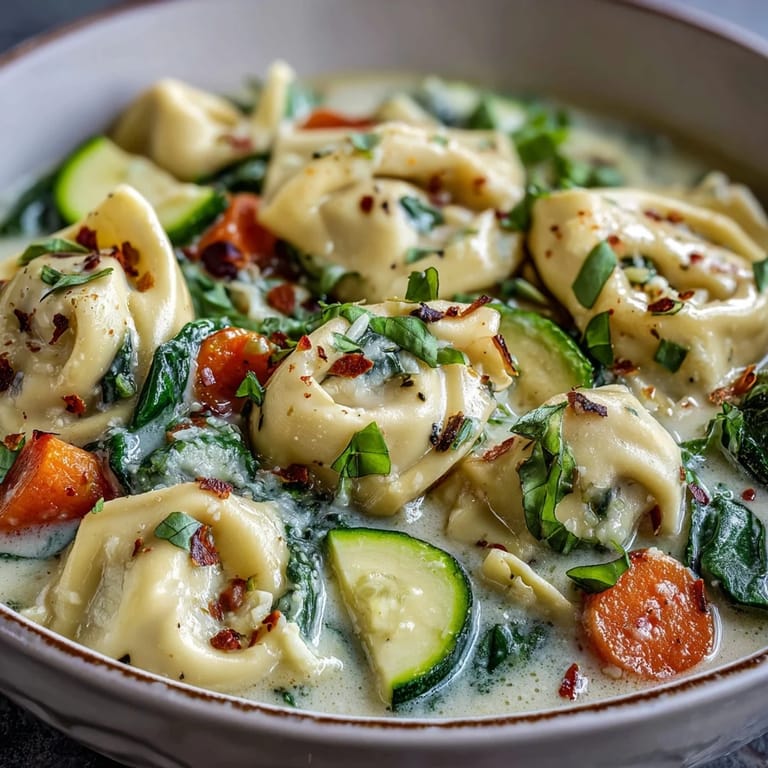 Close-up photo of Creamy Vegetable Tortellini Soup with tender cheese tortellini, zucchini, and wilted spinach in a rich, creamy broth.