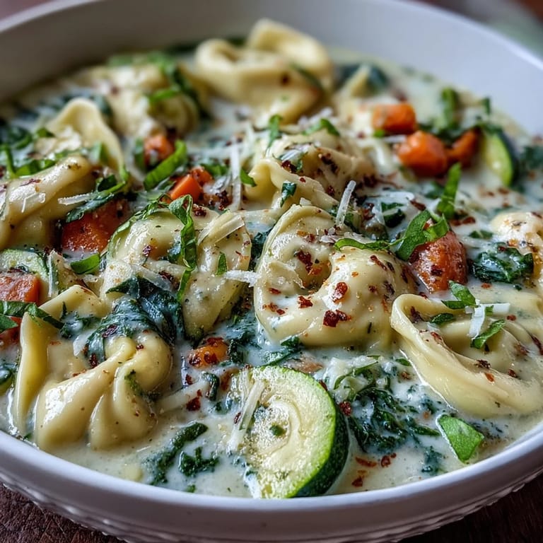 Steaming bowl of Creamy Vegetable Tortellini Soup served with crusty bread on the side, showcasing vibrant carrots and celery.