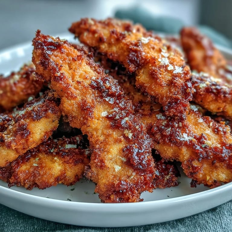 Freshly fried Crispy Turmeric Chicken Tenders showing a golden, crunchy breading served family-style on a rustic wooden board.