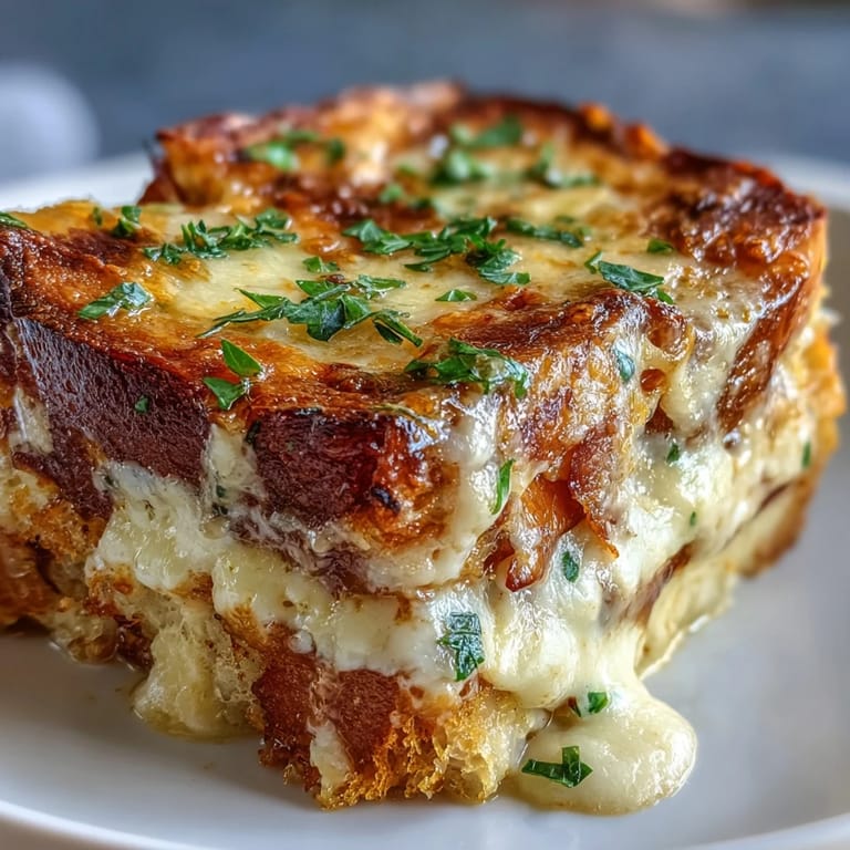 Slices of rich Croque Monsieur Casserole served on white plates, ready for a family brunch gathering.