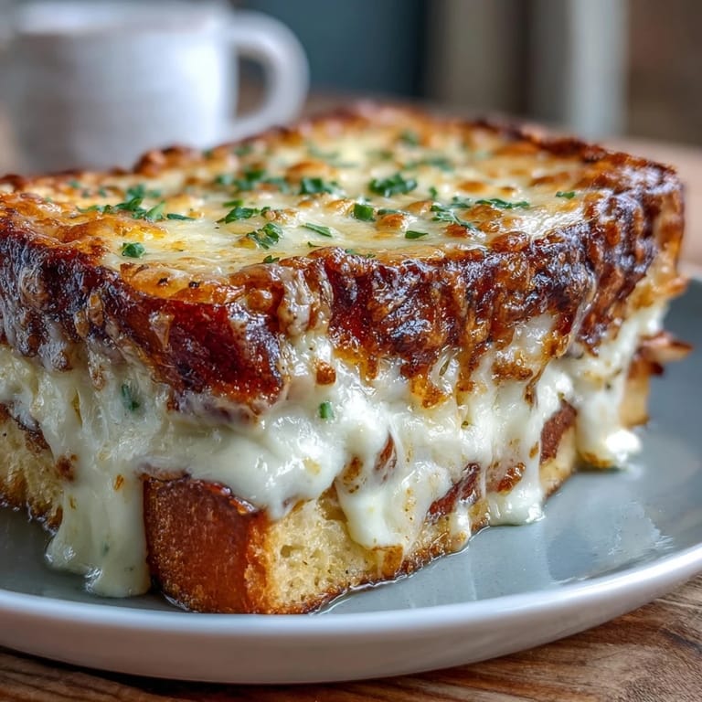 Buttery bread and ham layers in a golden Croque Monsieur Casserole with a green salad on the side.