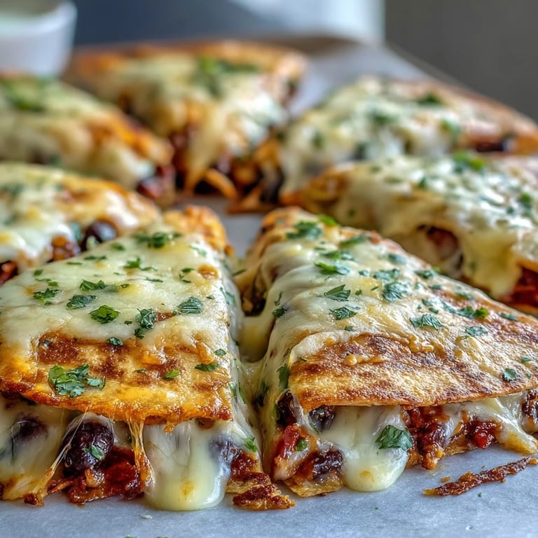 A close-up of a Blooming Quesadilla Ring reveals black beans and bell peppers nestled in triangles of golden, cheesy goodness.