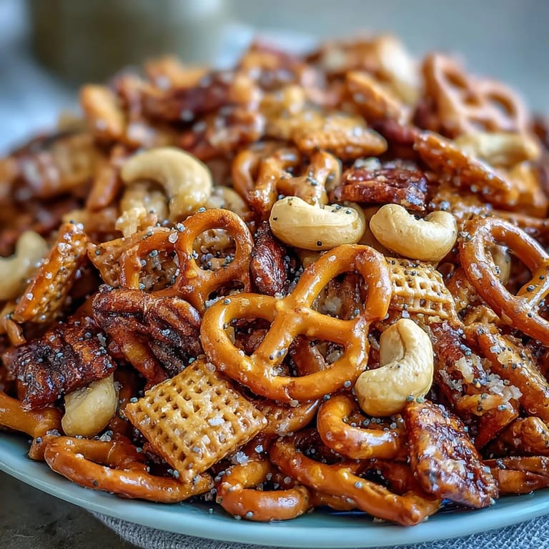 This easy homemade Everything Ranch Cheese and Pretzel Snack Mix is piled high in a rustic ceramic bowl, showcasing crunchy rye chips and golden pretzels tossed in melted butter and tangy spices, ready to serve.