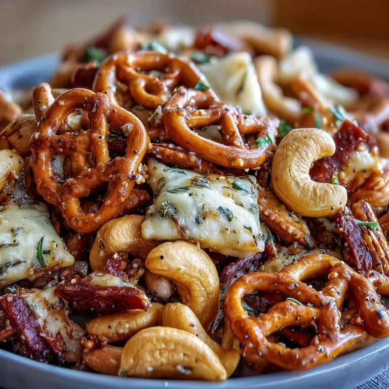 A close-up view of Everything Ranch Cheese and Pretzel Snack Mix highlights the glistening melted butter coating on mini pretzels and cheddar crackers, speckled with everything bagel seeds and garlic seasoning for an irresistible savory bite.