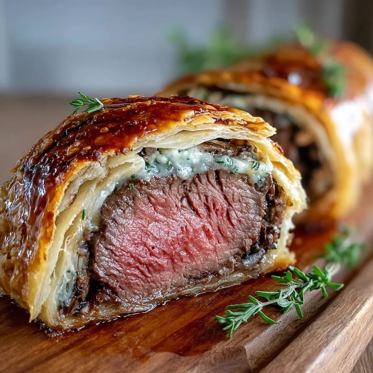 Golden-brown Beef Wellington resting on a wooden cutting board, showcasing its flaky pastry crust before being sliced for dinner.
