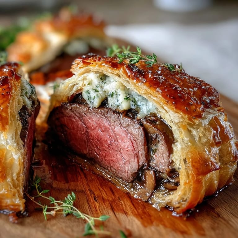 Individual Beef Wellington portions plated with rich red wine sauce and roasted asparagus, ideal for an elegant holiday feast.