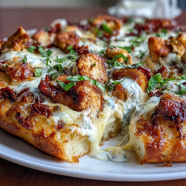 Freshly baked Marry Me Chicken Pizza with sun-dried tomatoes and herbs sits ready to serve, steaming and inviting.