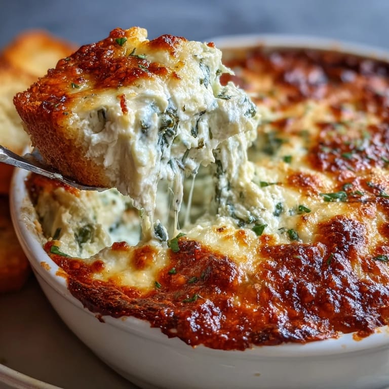 A spoon scoops into the golden-brown cheesy top of homemade Spinach Artichoke Dip, ready to serve.