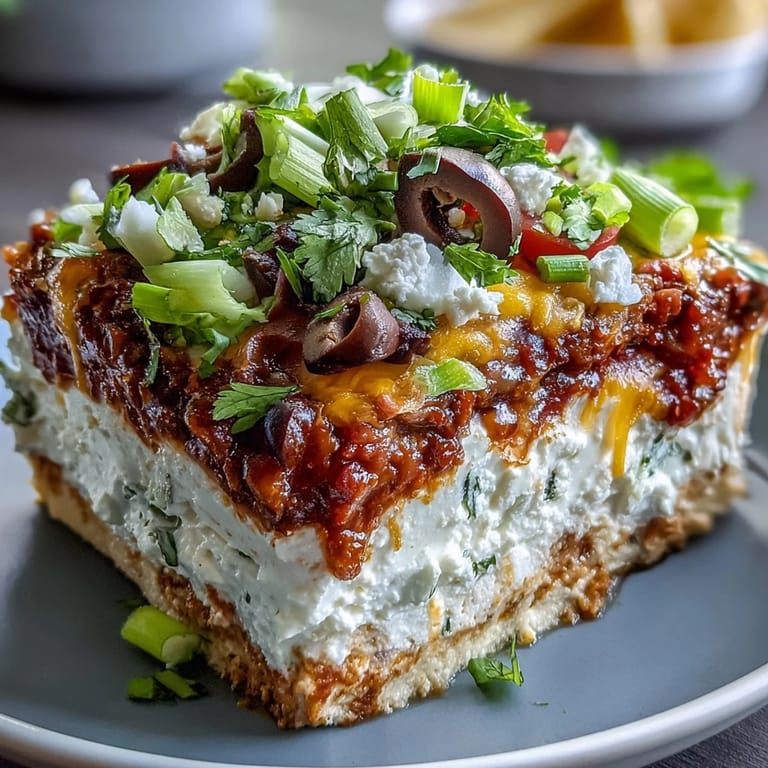 Overhead shot of a freshly prepared Four-Way Layered Dip, garnished with cilantro and sliced green onions, perfect for party appetizers.