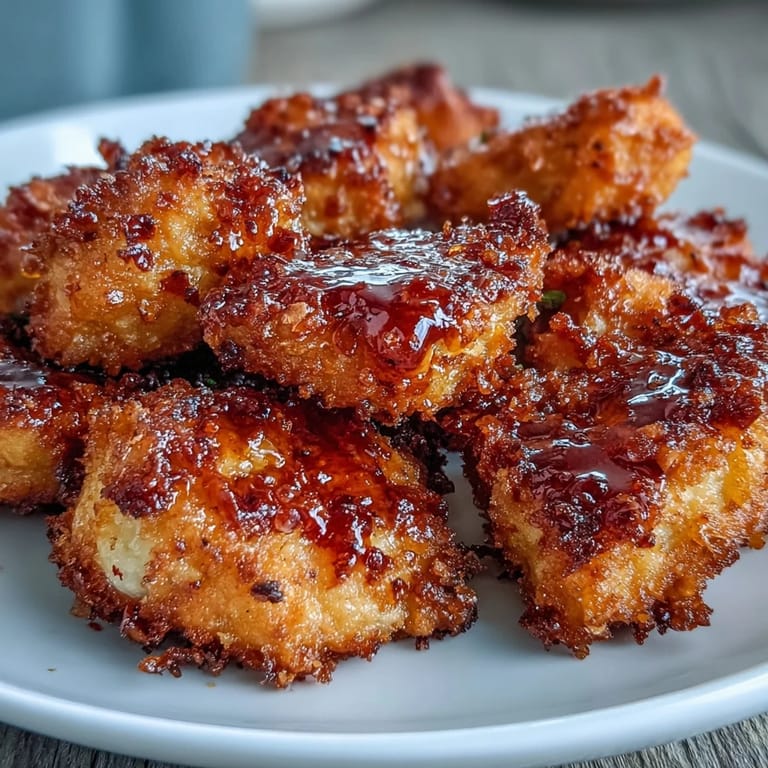 A close-up view of crunchy baked cauliflower bites, glistening with sweet hot honey glaze, garnished with red pepper flakes on a rustic wooden board.