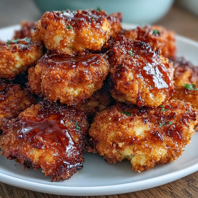 Baked hot honey cauliflower florets with a golden crust, tossed in a spicy-sweet glaze, perfect for game day snacking or a vegetarian appetizer.