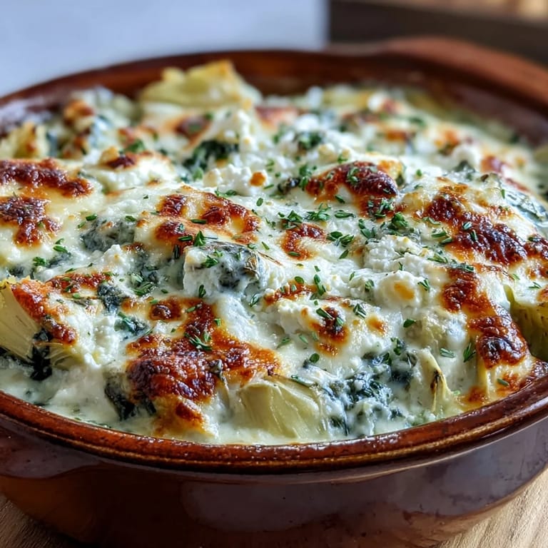 Golden-topped High Protein Spinach Artichoke Bake ready to slice, paired with a plate and serving spatula nearby.