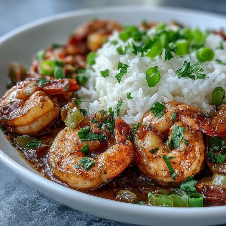 A ladle scooping up Classic New Orleans Étouffée from a Dutch pot, highlighting the thick, savory Cajun spice sauce.
