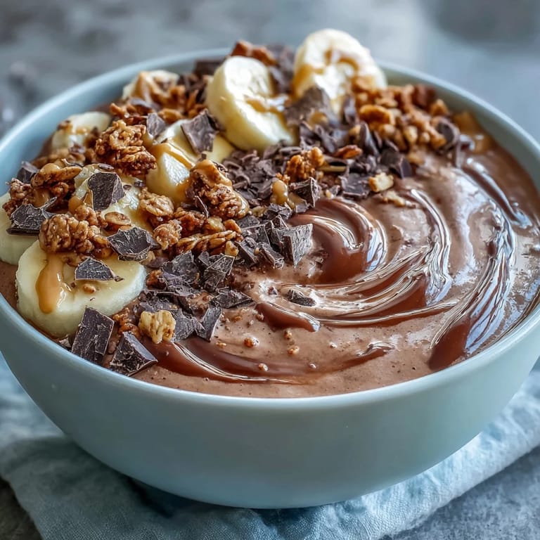 Healthy Chocolate Peanut Butter Smoothie Bowl breakfast, garnished with fresh banana slices and crunchy granola.