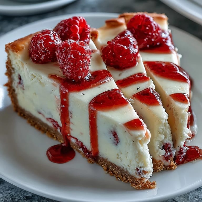 A close up of creamy Indulgent White Chocolate Raspberry Cheesecake Bliss with a rich white chocolate drizzle.