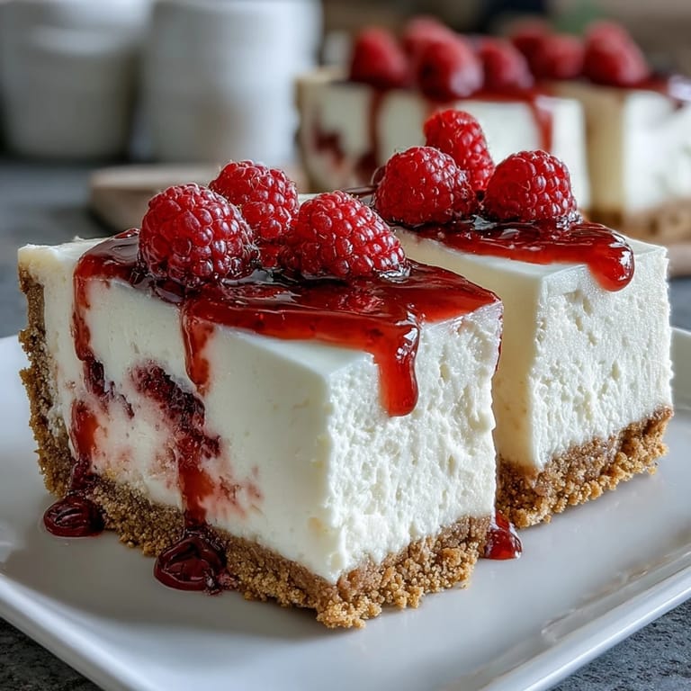 Fresh raspberries garnish a slice of Indulgent White Chocolate Raspberry Cheesecake Bliss on a rustic wooden table.