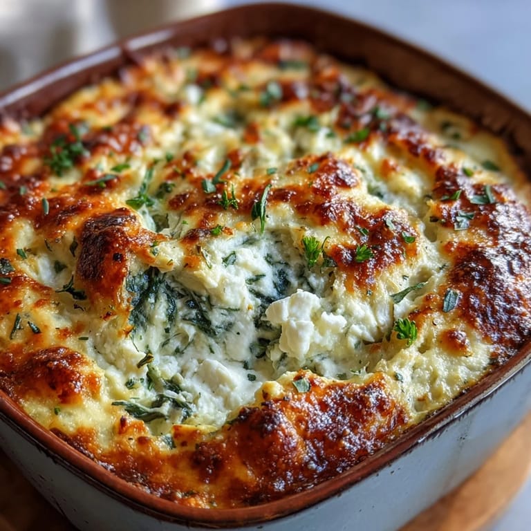 High Protein Spinach Artichoke Bake shows creamy texture with chopped spinach and artichoke hearts in a casserole.
