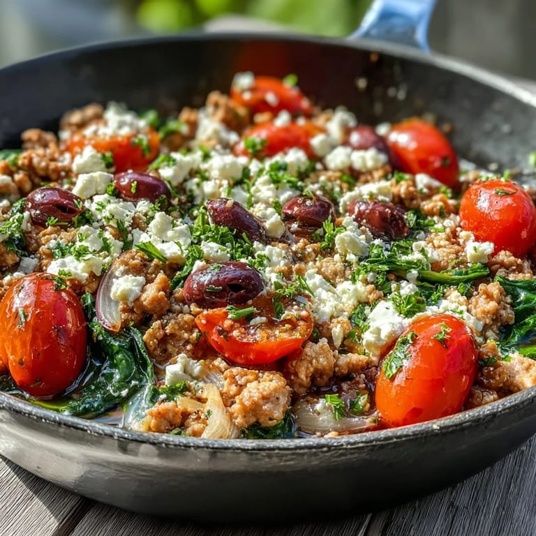 Spoon lifting a savory bite of Mediterranean keto ground chicken skillet with olives and feta, perfect for weeknight dining.