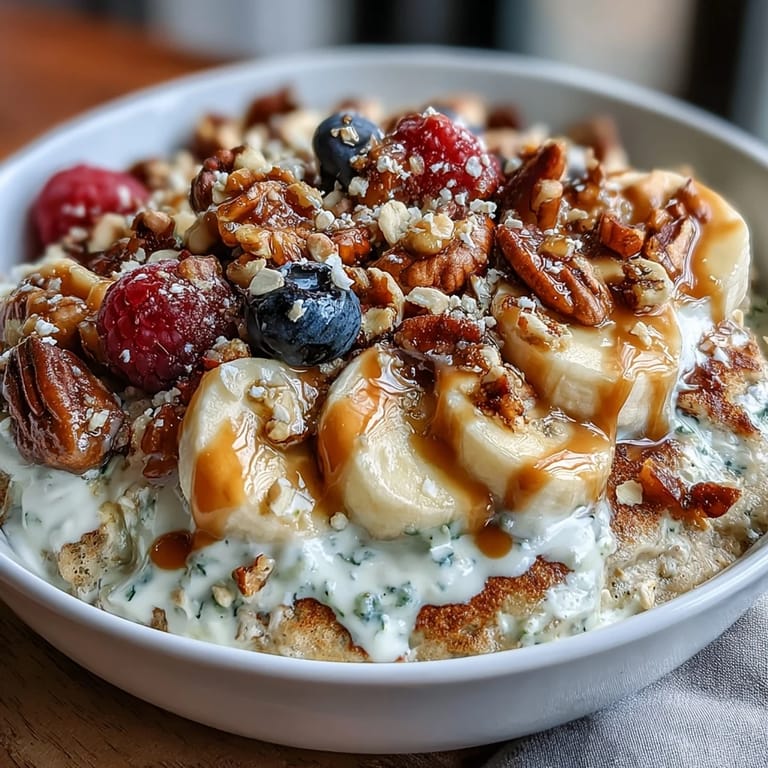 This satisfying Protein Pancake Bowl features a warm golden pancake base piled high with sliced bananas, crunchy nuts, and fresh berries.