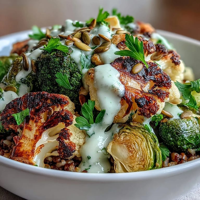A close-up view of a nourishing Roasted Brassica Bowl with tender roasted Brussels sprouts, broccoli, and cauliflower, topped with zesty dressing and herbs.
