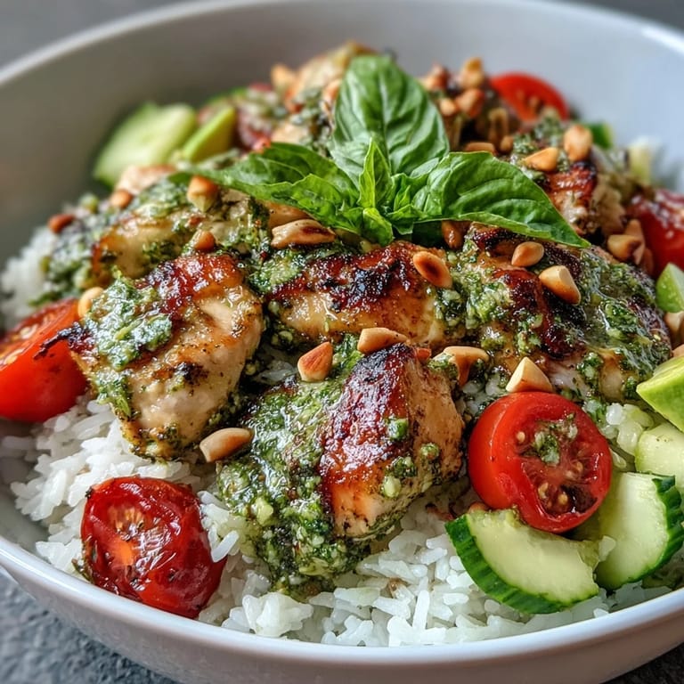 Colorful pesto chicken bowl with tender chicken, rice, mixed greens, and fresh basil, ready to enjoy warm.