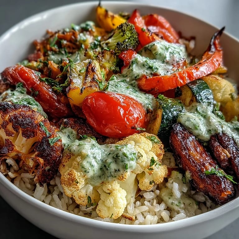 Serve this warm Rainbow Roasted Vegetable Bowl for an easy, gluten-free vegan dinner topped with zesty herb sauce.