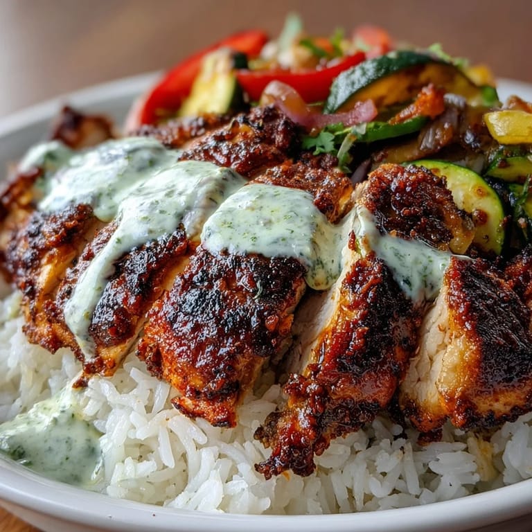 Close-up of a hearty Blackened Chicken Bowl featuring juicy sliced chicken, colorful veggies, and a dollop of zesty lime crema.