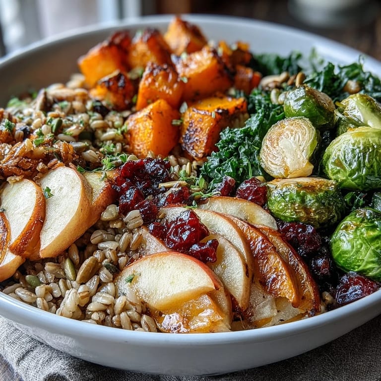 Healthy vegan Fall Vegetable Bowl with cinnamon apples, smoky roasted vegetables, and hearty grains, perfect for a cozy autumn dinner or meal prep.