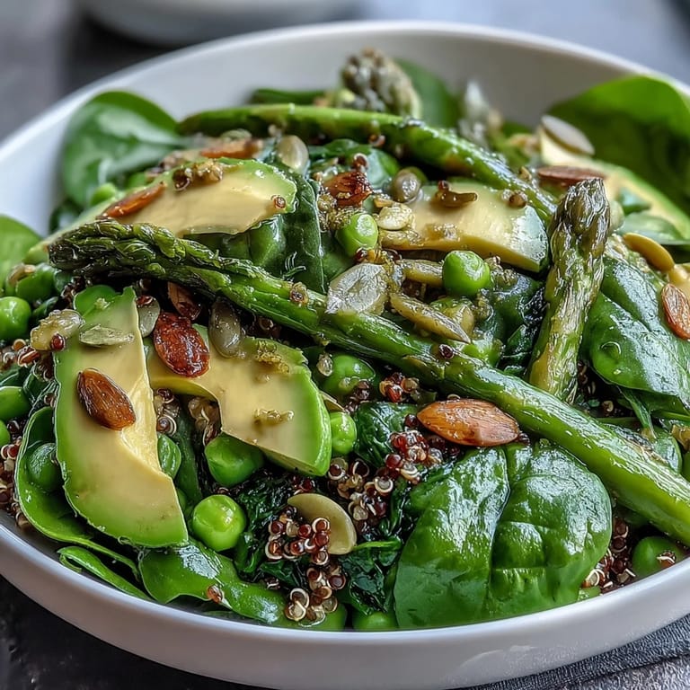 Wholesome Spring Green Bowl layered with hearty grains, vibrant spring vegetables, and zesty lemon vinaigrette for a nourishing meal.