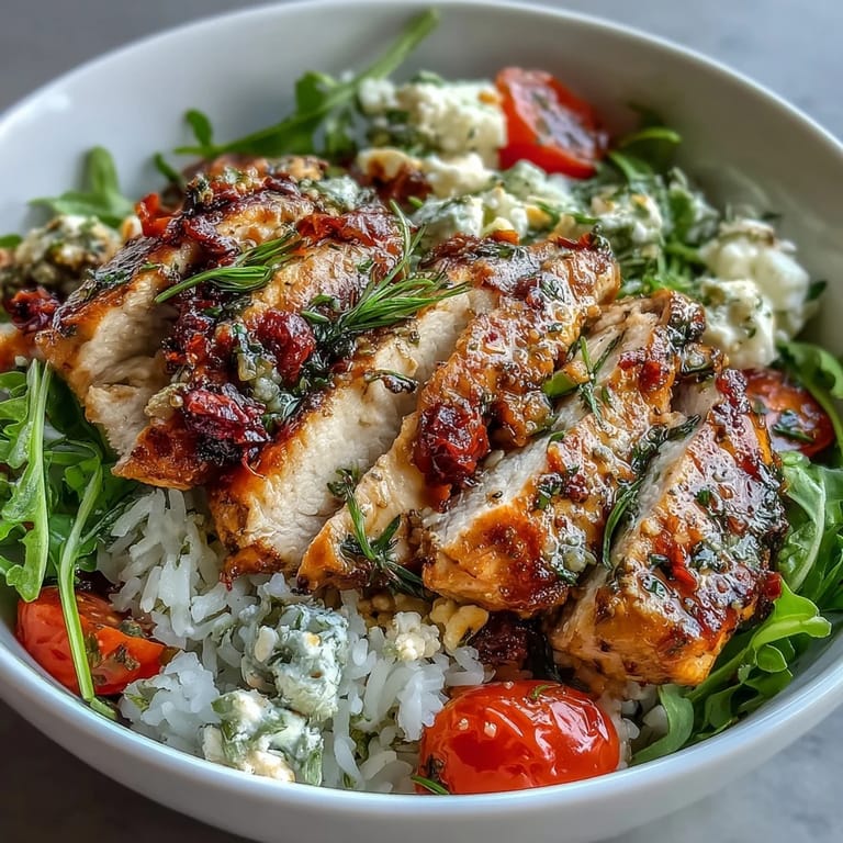 Flavorful Sun-Dried Tomato Chicken Bowl featuring tender chicken, rice, fresh vegetables, and optional pine nuts for crunch.