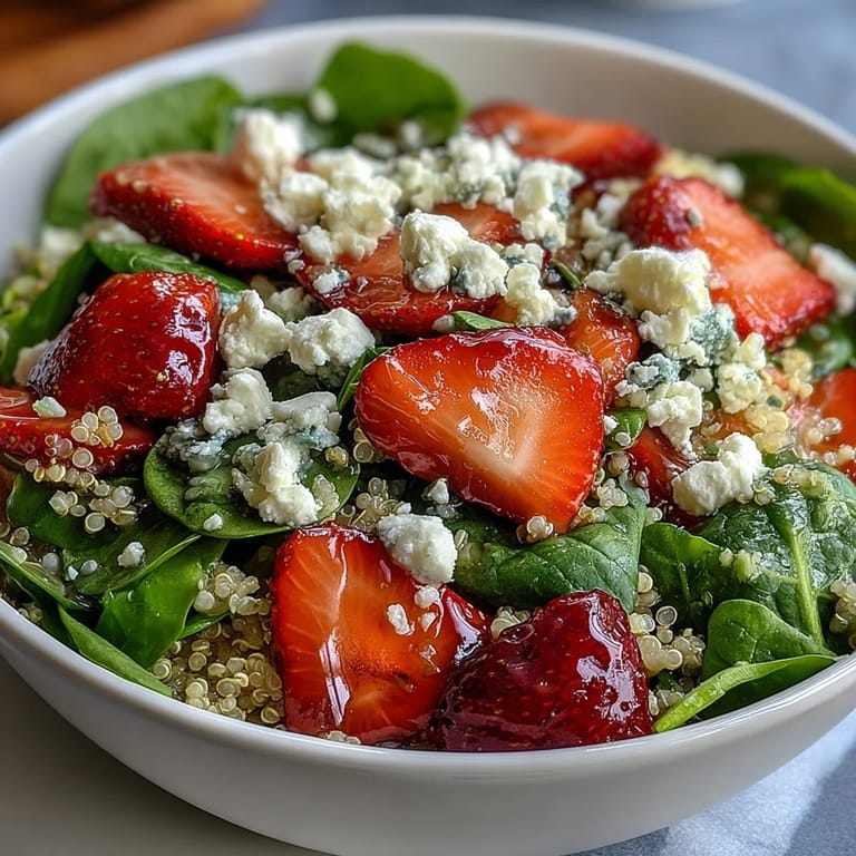 Colorful strawberry feta quinoa salad with baby spinach, red onion, and a honey-balsamic dressing, perfect for a light lunch or side dish.